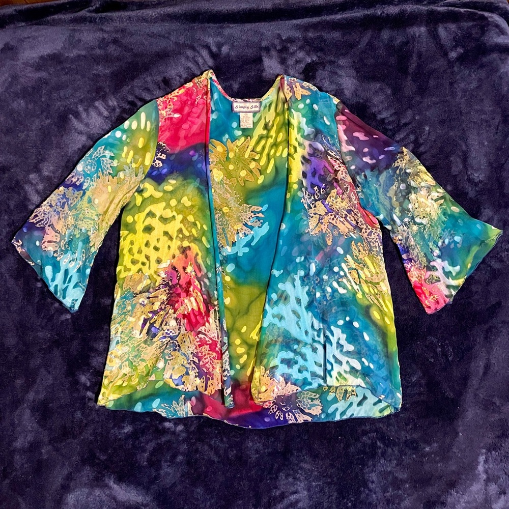 M Simply Silk Green Multicolored Open Front Shirt… - image 1